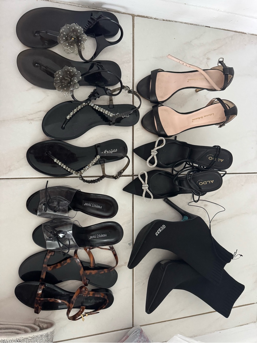Aldo Black Strappy Pointed-Toe Heeled Sandals with Bow Accent